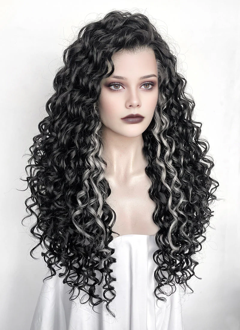 Black Mixed Silver Grey Curly Lace Front Synthetic Hair Wig LF1334 - Image 2