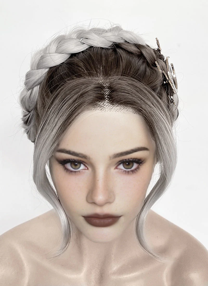 Fourth Wing Violet Sorrengail Brunette Silver Grey Ombre Braided Lace Front Synthetic Wig LF2188 - Image 2