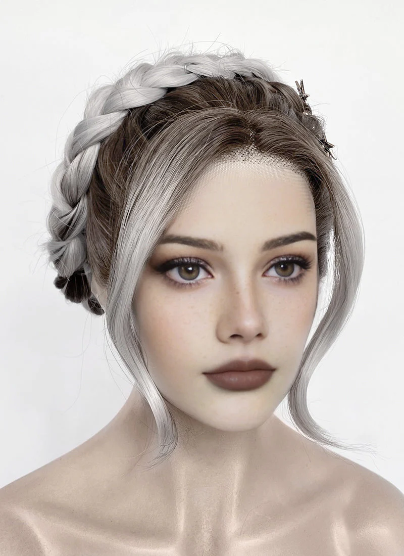 Fourth Wing Violet Sorrengail Brunette Silver Grey Ombre Braided Lace Front Synthetic Wig LF2188 - Image 3