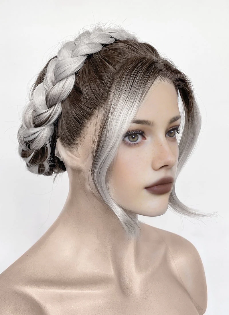 Fourth Wing Violet Sorrengail Brunette Silver Grey Ombre Braided Lace Front Synthetic Wig LF2188 - Image 4