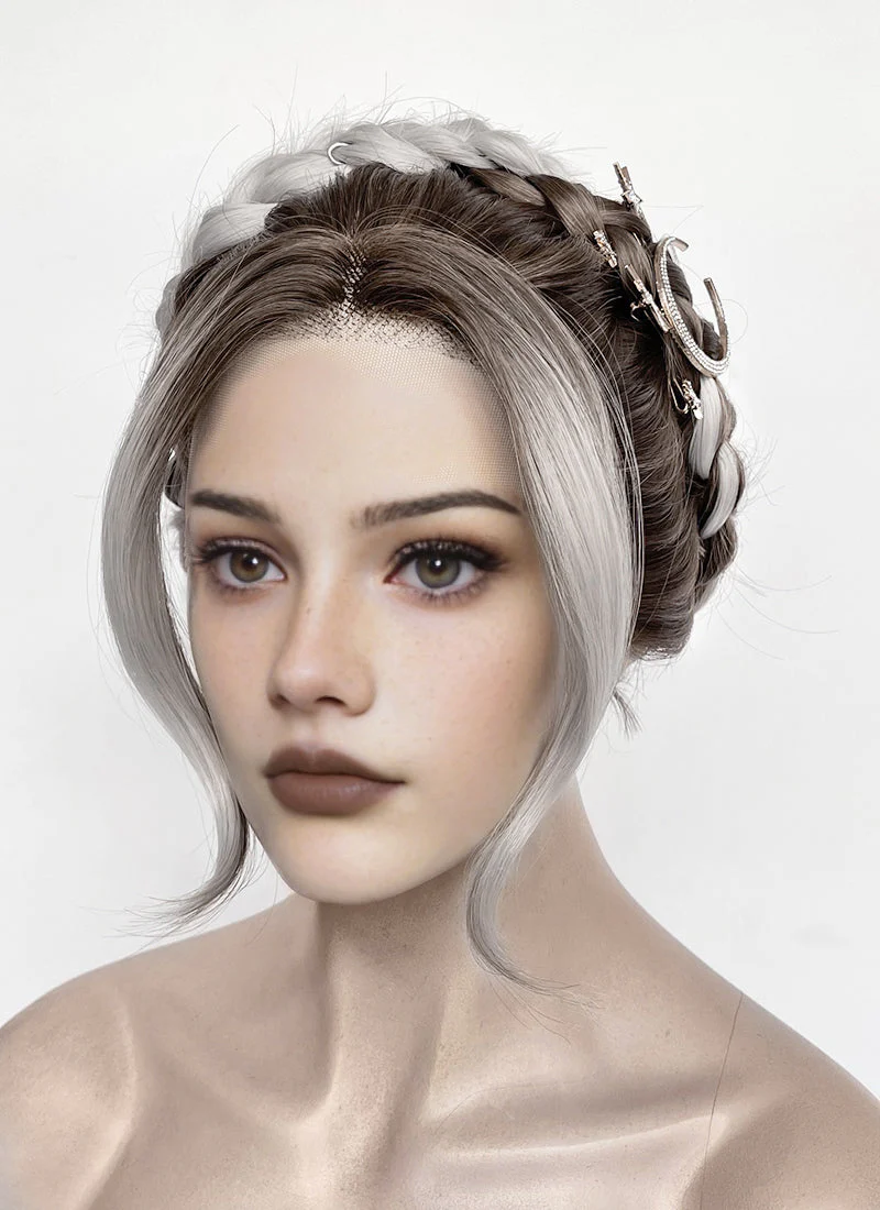 Fourth Wing Violet Sorrengail Brunette Silver Grey Ombre Braided Lace Front Synthetic Wig LF2188 - Image 5