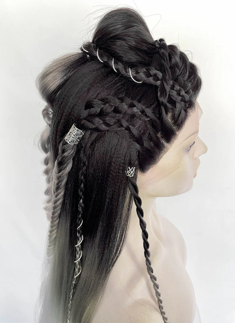 Black Grey White Ombre Braided Yaki Lace Front Synthetic Wig LF2194 - Image 10