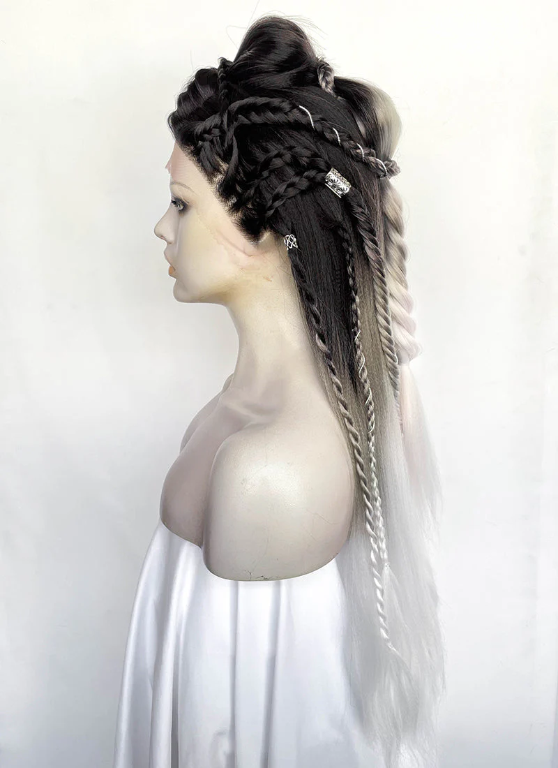 Black Grey White Ombre Braided Yaki Lace Front Synthetic Wig LF2194 - Image 11