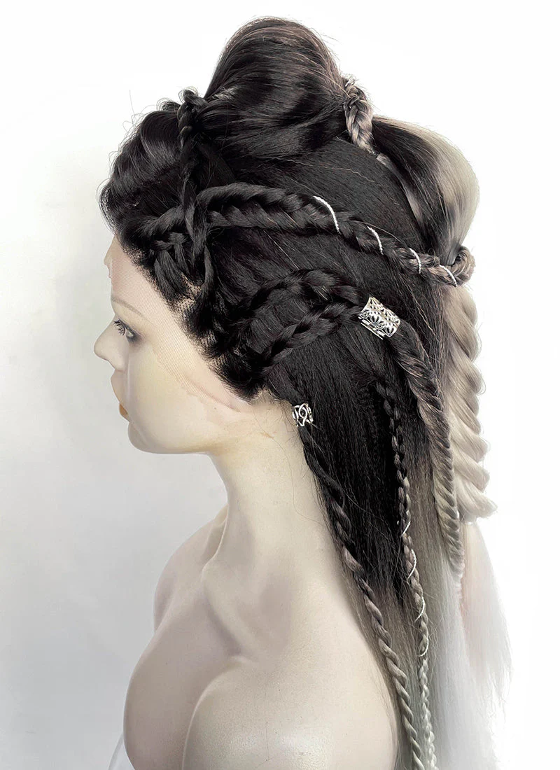 Black Grey White Ombre Braided Yaki Lace Front Synthetic Wig LF2194 - Image 12