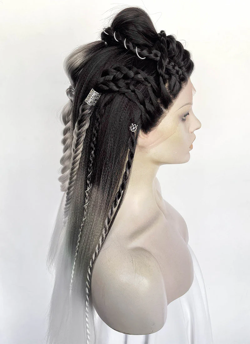 Black Grey White Ombre Braided Yaki Lace Front Synthetic Wig LF2194 - Image 13