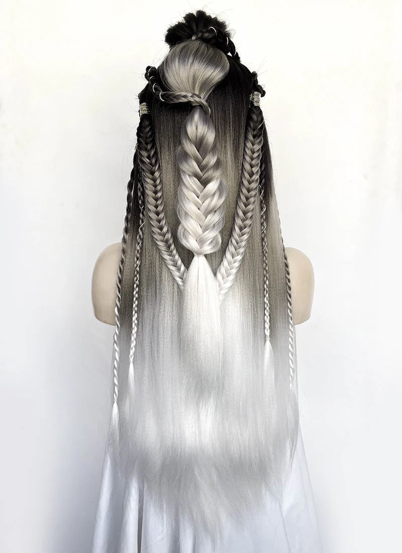 Black Grey White Ombre Braided Yaki Lace Front Synthetic Wig LF2194 - Image 14