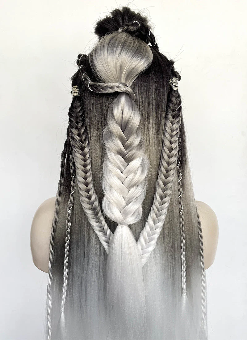 Black Grey White Ombre Braided Yaki Lace Front Synthetic Wig LF2194 - Image 15