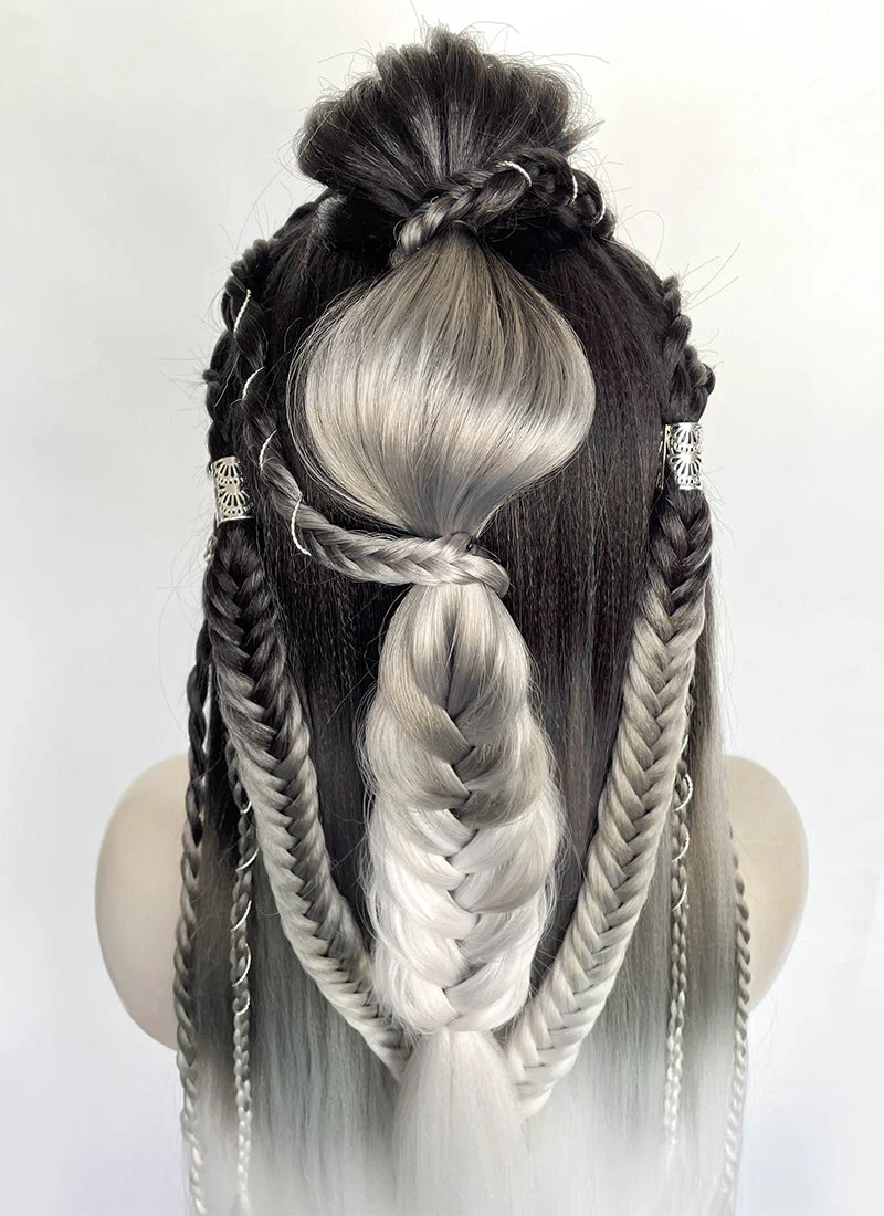 Black Grey White Ombre Braided Yaki Lace Front Synthetic Wig LF2194 - Image 16