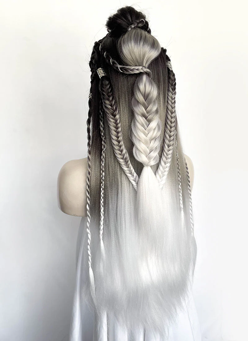 Black Grey White Ombre Braided Yaki Lace Front Synthetic Wig LF2194 - Image 17