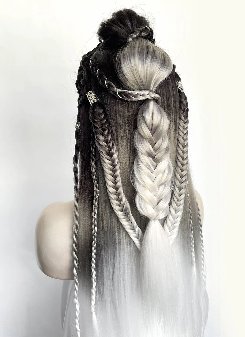Black Grey White Ombre Braided Yaki Lace Front Synthetic Wig LF2194 - Image 18