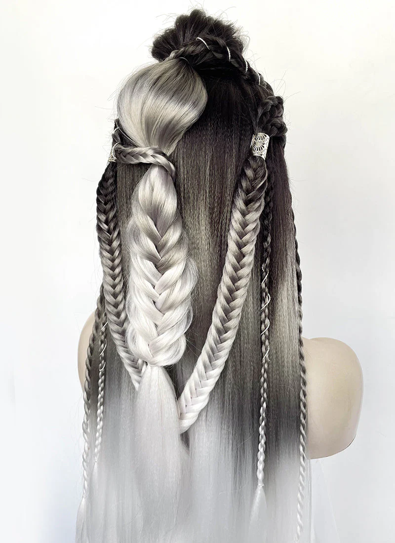 Black Grey White Ombre Braided Yaki Lace Front Synthetic Wig LF2194 - Image 19