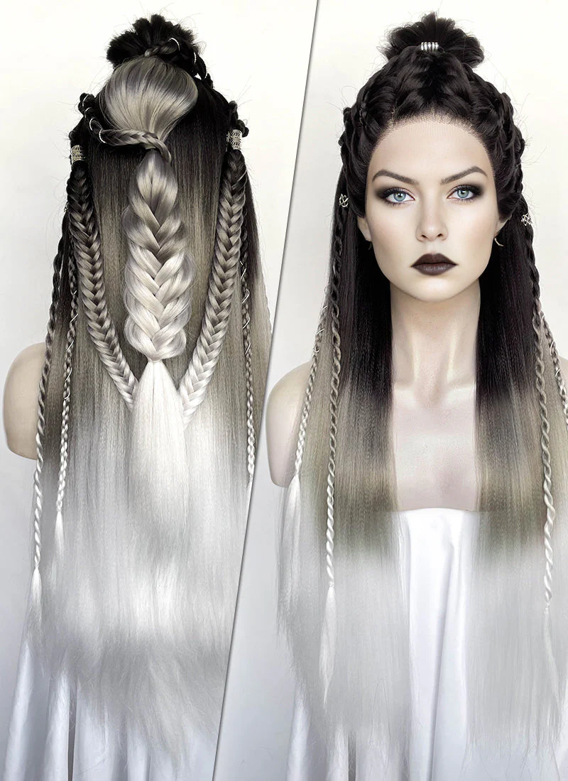 Black Grey White Ombre Braided Yaki Lace Front Synthetic Wig LF2194 - Image 20