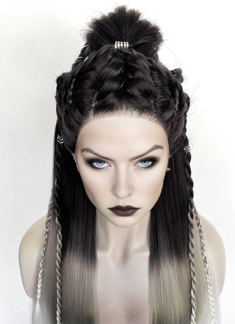 Black Grey White Ombre Braided Yaki Lace Front Synthetic Wig LF2194 - Image 3