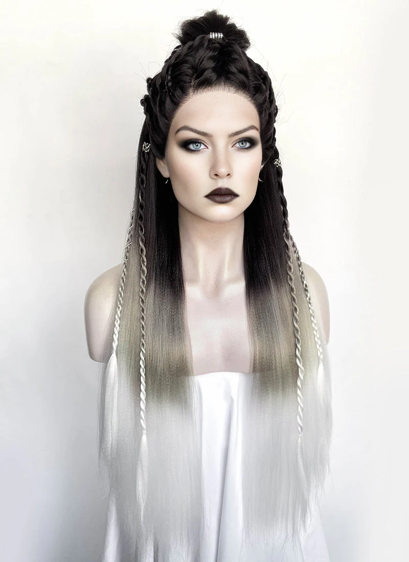 Black Grey White Ombre Braided Yaki Lace Front Synthetic Wig LF2194 - Image 4