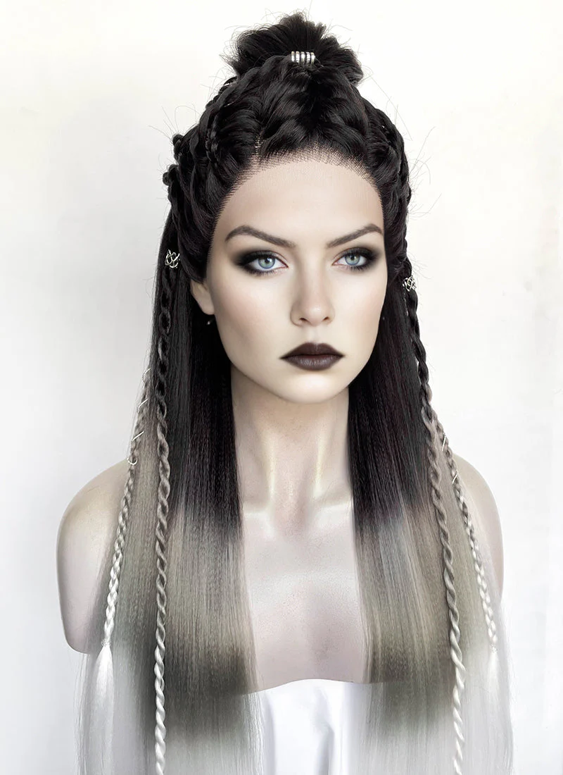 Black Grey White Ombre Braided Yaki Lace Front Synthetic Wig LF2194 - Image 5