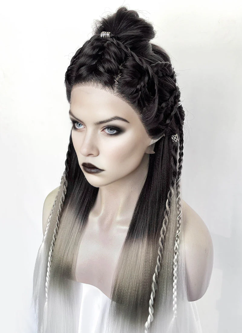 Black Grey White Ombre Braided Yaki Lace Front Synthetic Wig LF2194 - Image 6