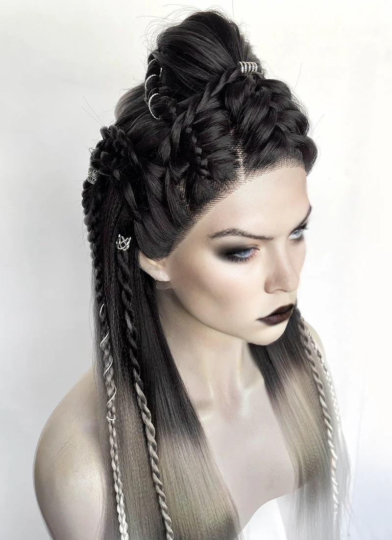 Black Grey White Ombre Braided Yaki Lace Front Synthetic Wig LF2194 - Image 7