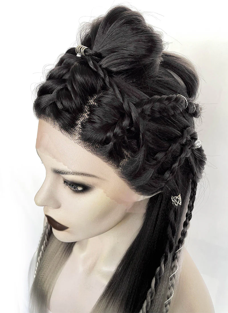 Black Grey White Ombre Braided Yaki Lace Front Synthetic Wig LF2194 - Image 8