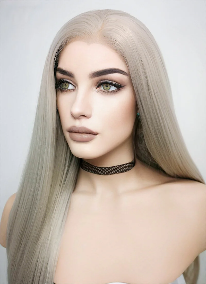 Pastel Blondish Grey Straight Lace Front Synthetic Wig LF238 - Image 7