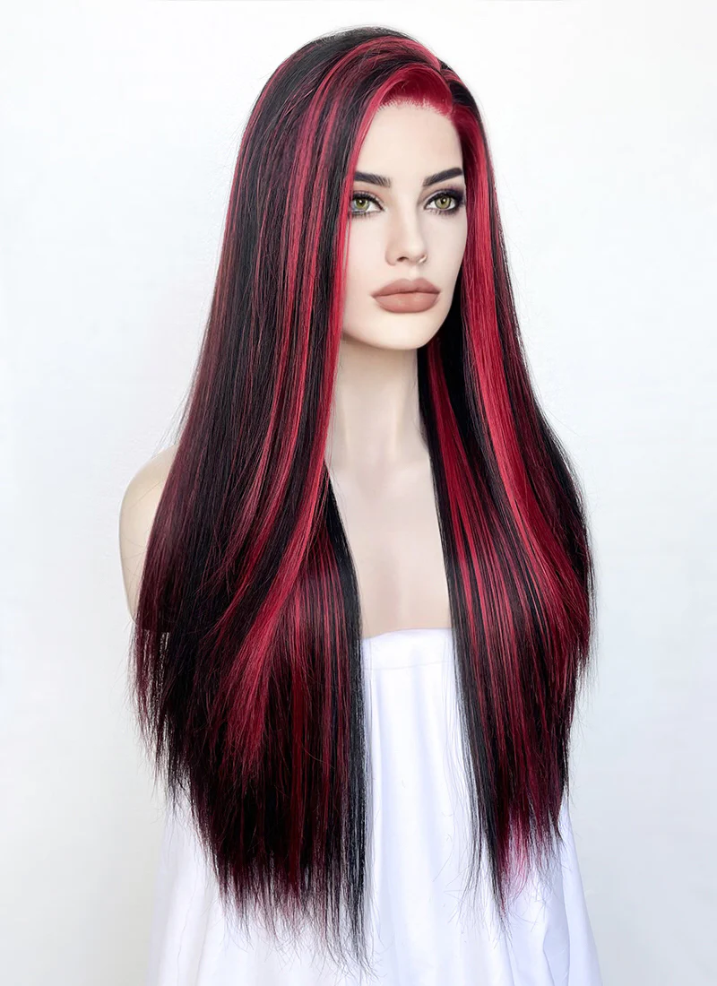 Black Mixed Red Straight Lace Front Synthetic Wig LF5147 - Image 5