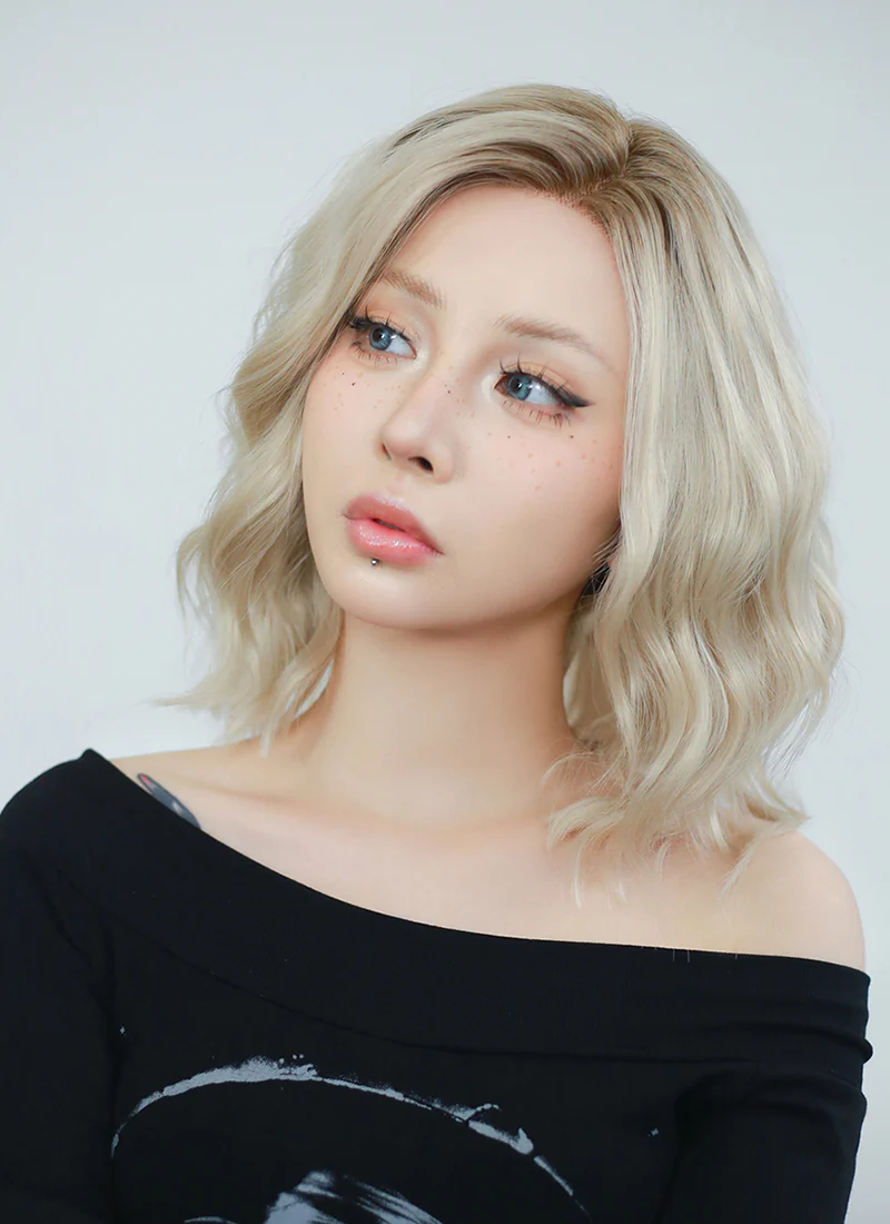 Ash Blonde With Brown Roots Wavy Bob Lace Front Synthetic Wig LF6006 - Image 2