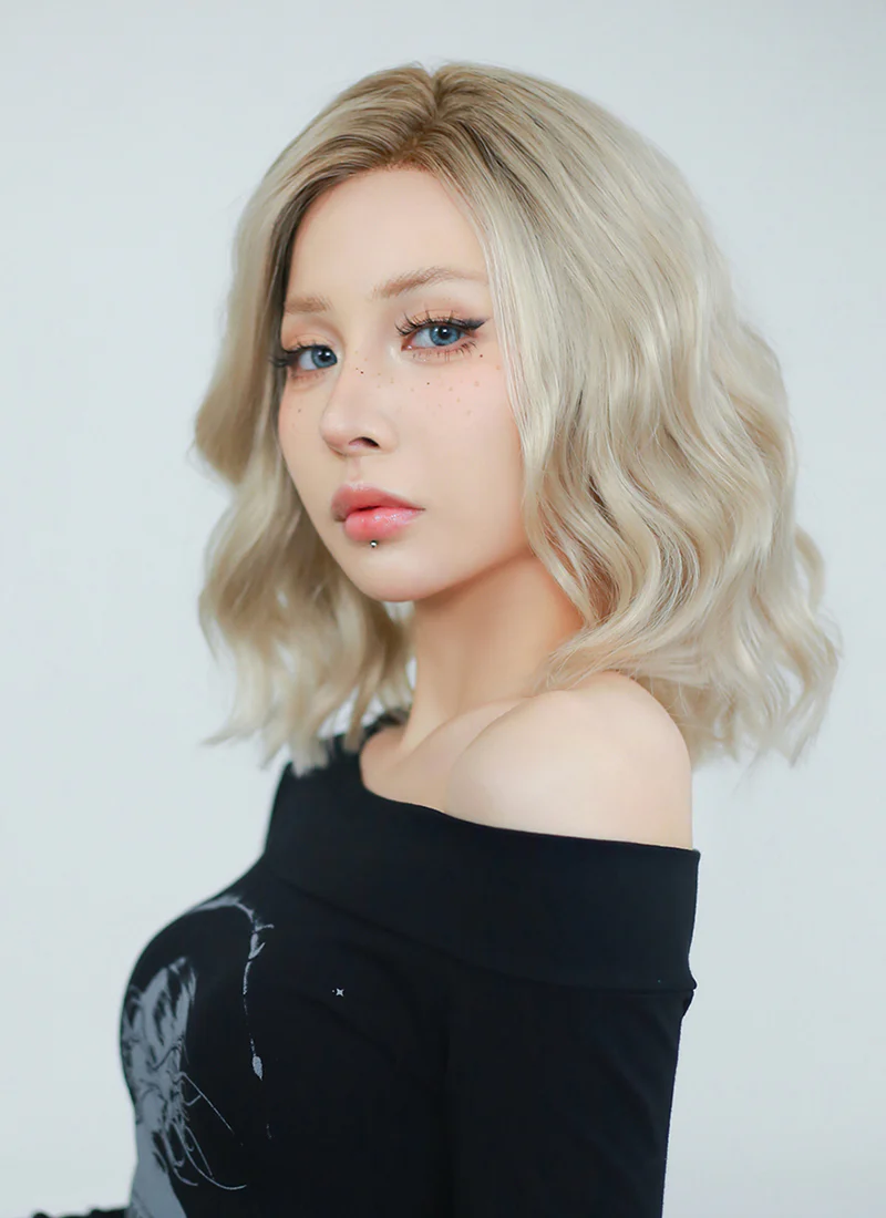 Ash Blonde With Brown Roots Wavy Bob Lace Front Synthetic Wig LF6006 - Image 3