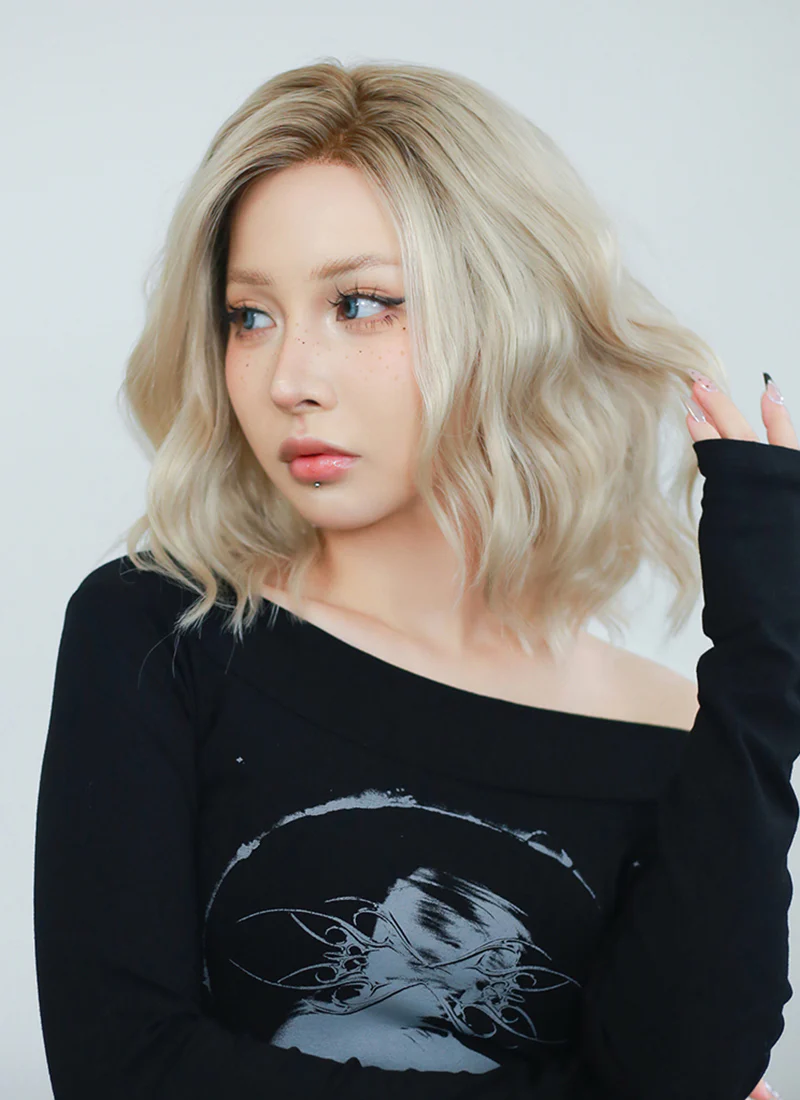Ash Blonde With Brown Roots Wavy Bob Lace Front Synthetic Wig LF6006 - Image 4