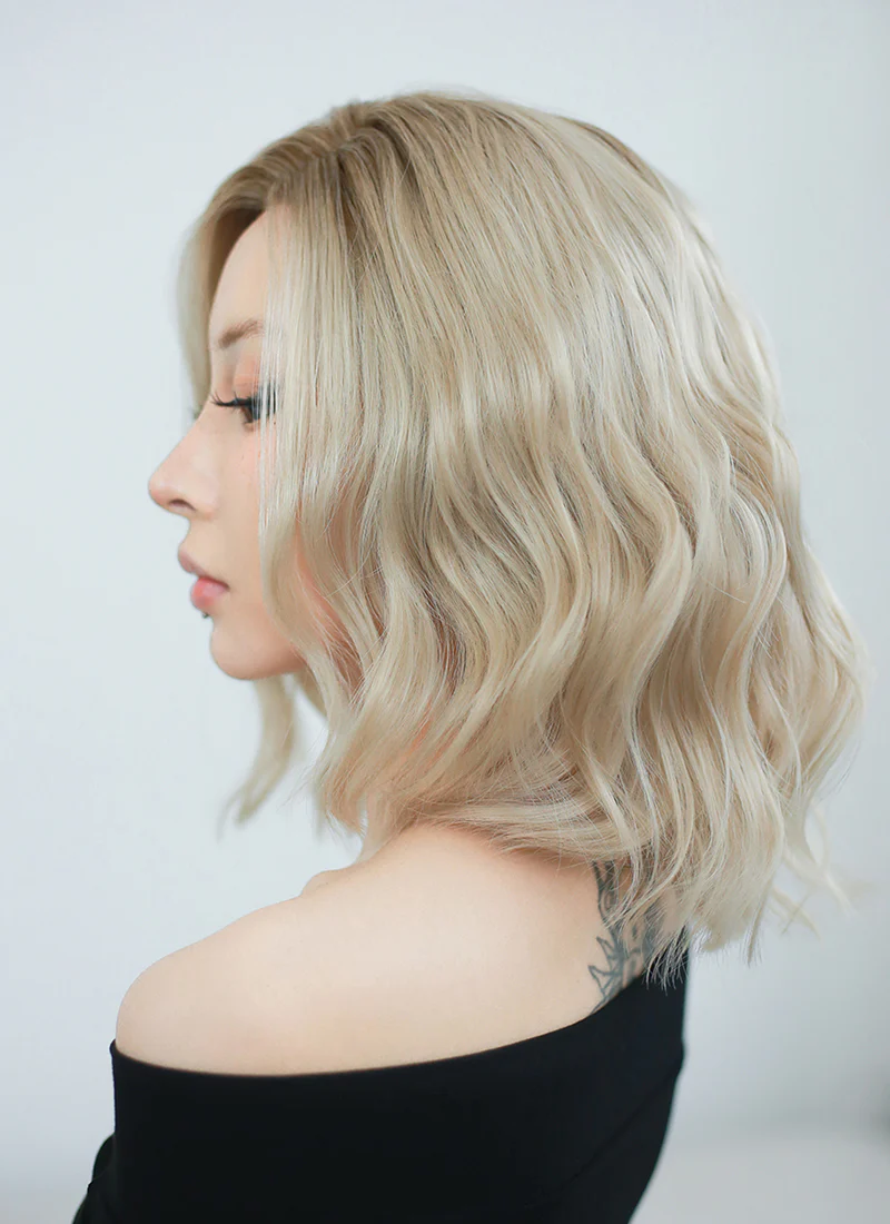 Ash Blonde With Brown Roots Wavy Bob Lace Front Synthetic Wig LF6006 - Image 8