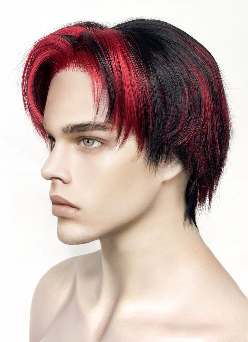 Black Mixed Red Straight Lace Front Synthetic Men's Wig LF6027 - Image 3