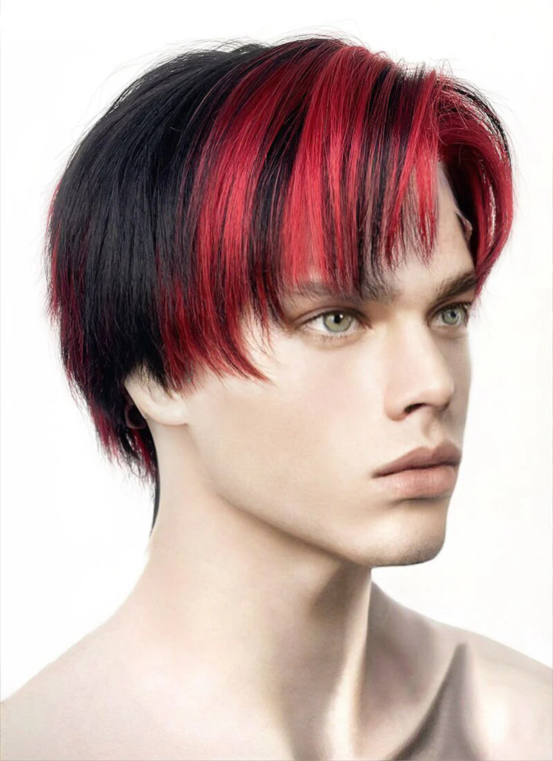 Black Mixed Red Straight Lace Front Synthetic Men's Wig LF6027 - Image 5