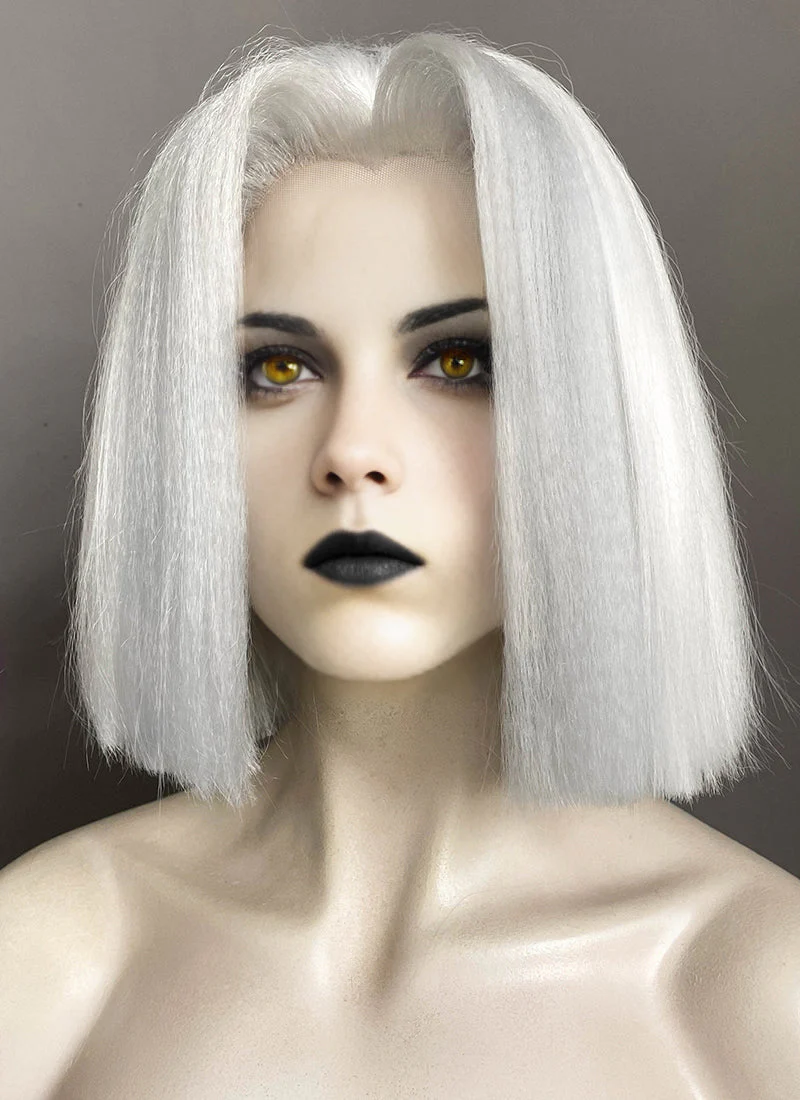 Hazbin Hotel Lute Silver Grey With White Straight Bob Yaki Lace Front Synthetic Hair Wig LF6161 - Image 4