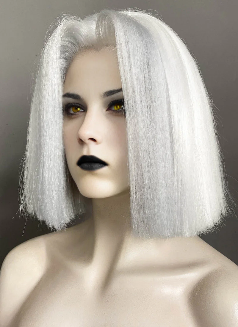 Hazbin Hotel Lute Silver Grey With White Straight Bob Yaki Lace Front Synthetic Hair Wig LF6161 - Image 5