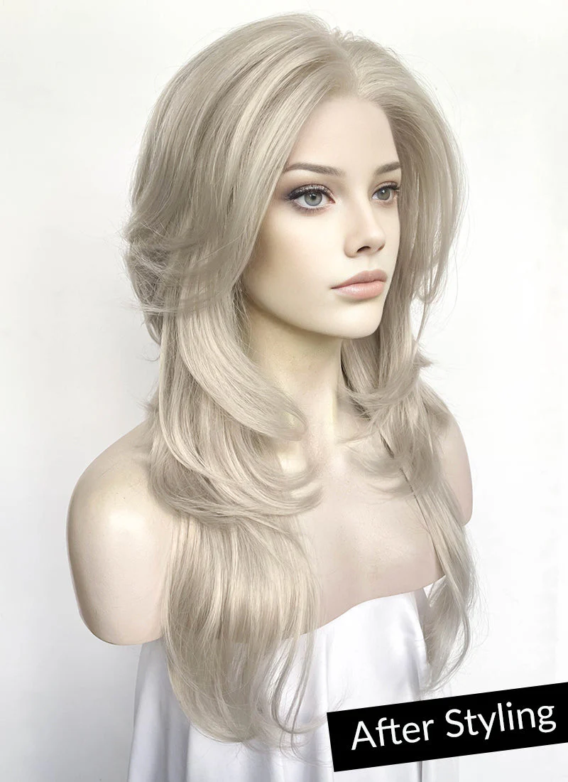 Pastel Blondish Grey Curtain Bangs Straight Lace Front Synthetic Wig LF8028 - Image 2