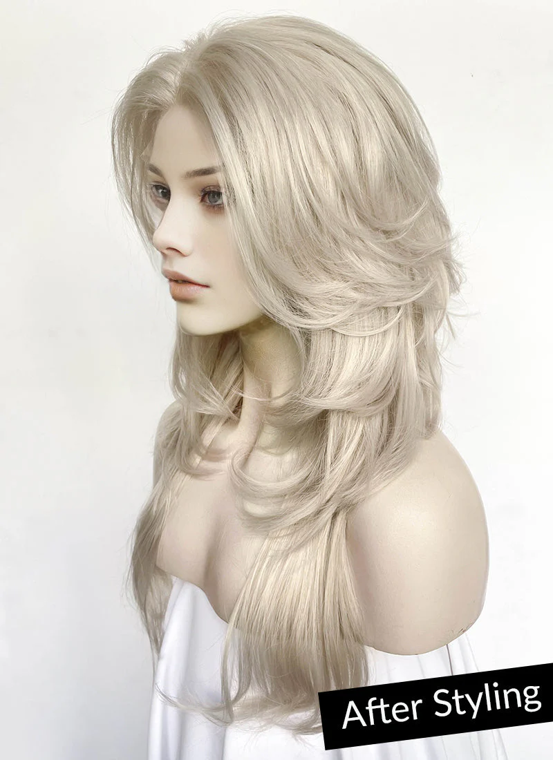 Pastel Blondish Grey Curtain Bangs Straight Lace Front Synthetic Wig LF8028 - Image 3