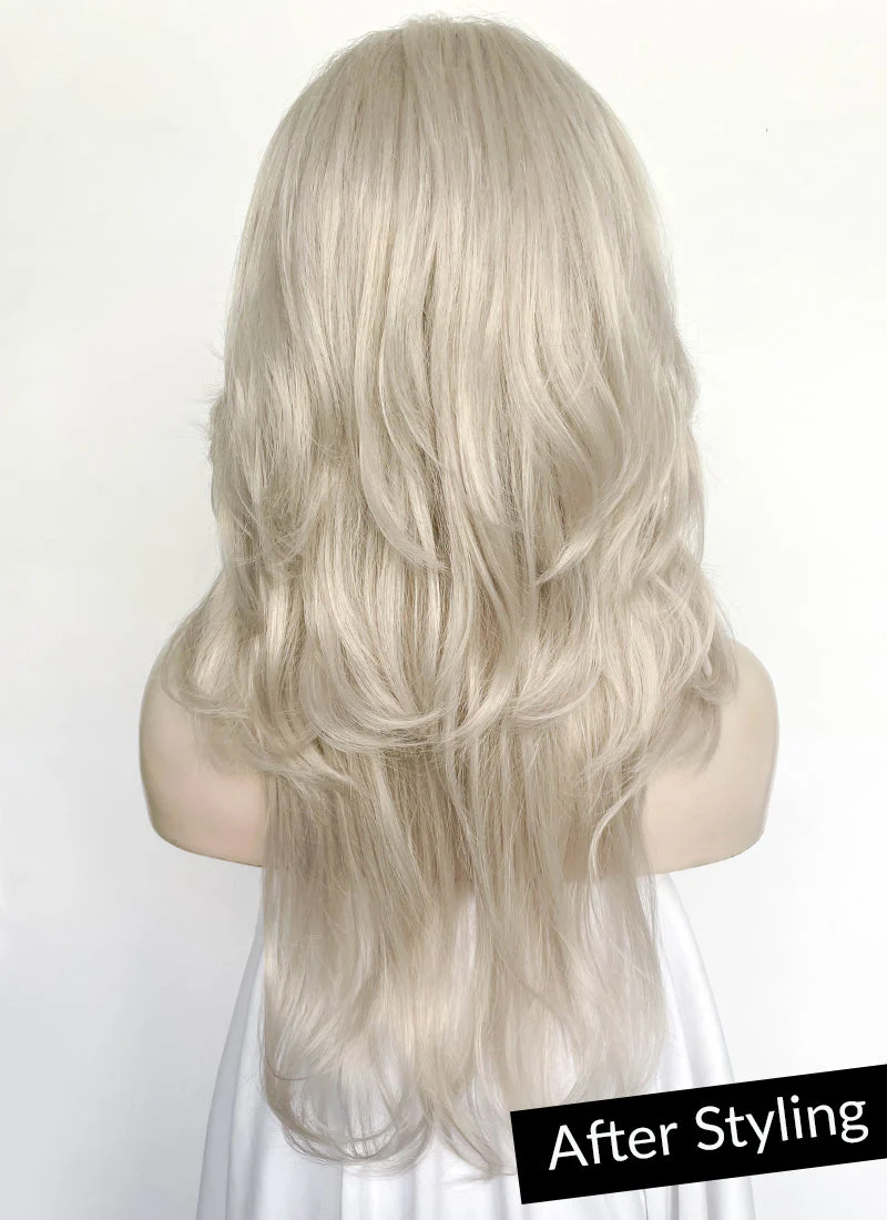 Pastel Blondish Grey Curtain Bangs Straight Lace Front Synthetic Wig LF8028 - Image 4