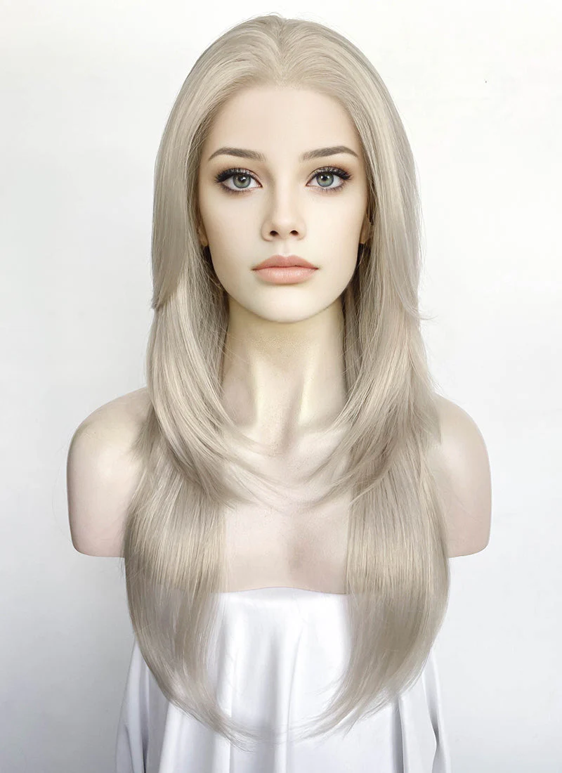Pastel Blondish Grey Curtain Bangs Straight Lace Front Synthetic Wig LF8028 - Image 6