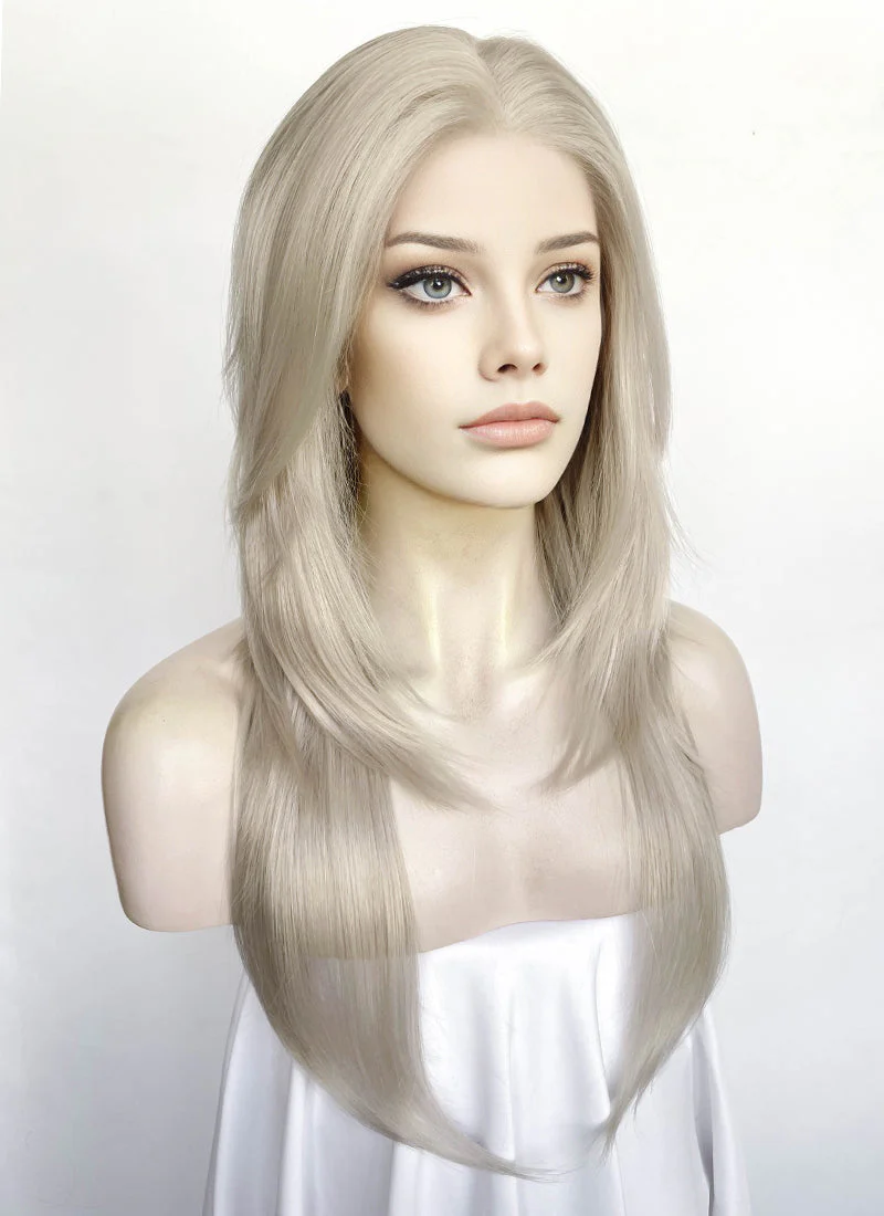 Pastel Blondish Grey Curtain Bangs Straight Lace Front Synthetic Wig LF8028 - Image 7