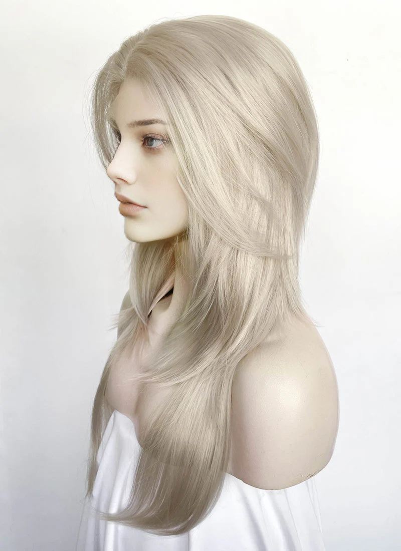 Pastel Blondish Grey Curtain Bangs Straight Lace Front Synthetic Wig LF8028 - Image 8