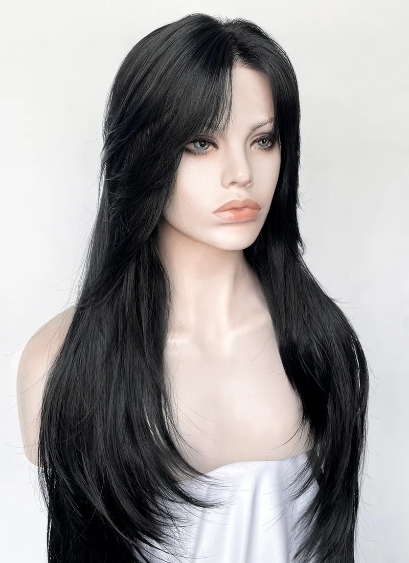 Jet Black Curtain Bangs Straight Lace Front Synthetic Hair Wig LF8098 - Image 4