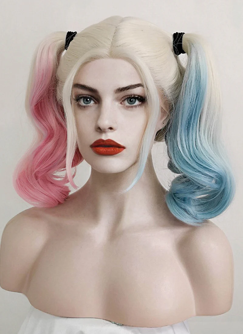 Wavy Blonde Harley Quinn Synthetic Pink Blue Ponytail Lace Front Wig LF853E - Image 3