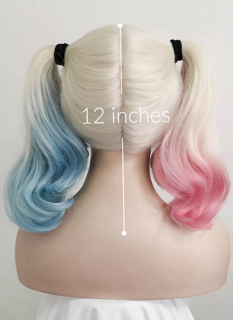 Wavy Blonde Harley Quinn Synthetic Pink Blue Ponytail Lace Front Wig LF853E - Image 4