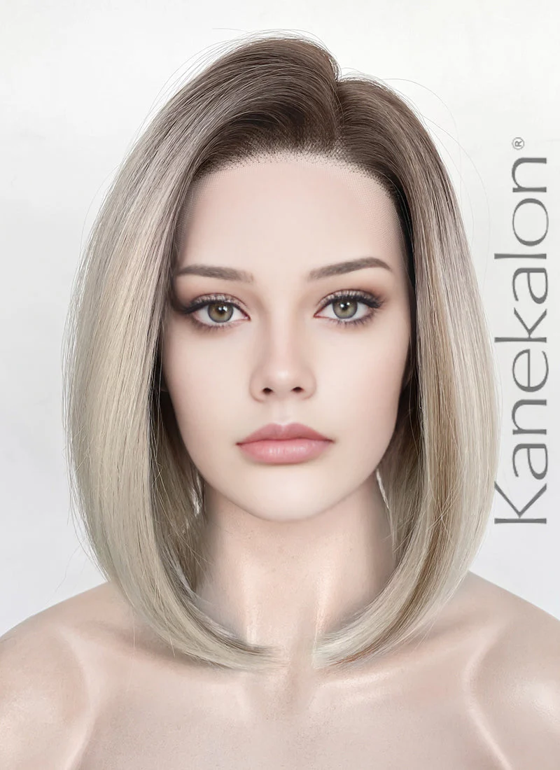 Mixed Blonde With Dark Roots Straight 13" x 6" Bob Lace Top Kanekalon Synthetic Hair Wig LFS059 - Image 3