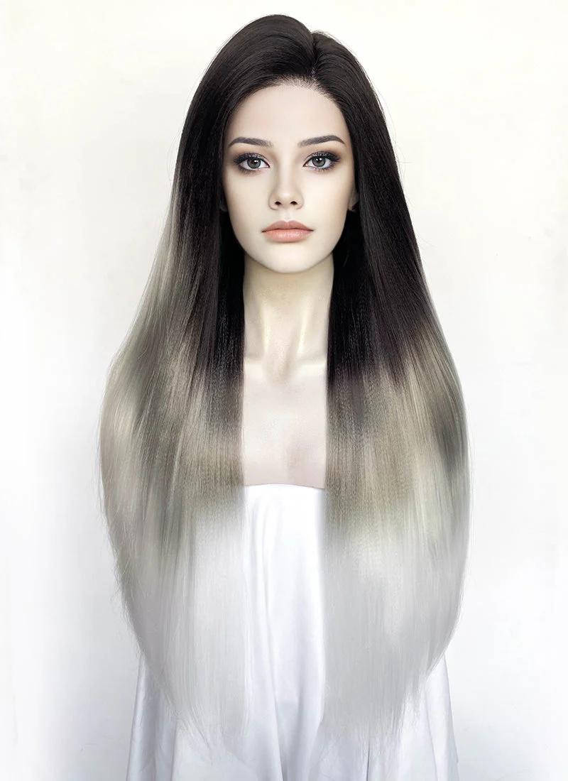 Black Grey White Ombre Straight Yaki Lace Front Synthetic Hair Wig LN6050 - Image 3