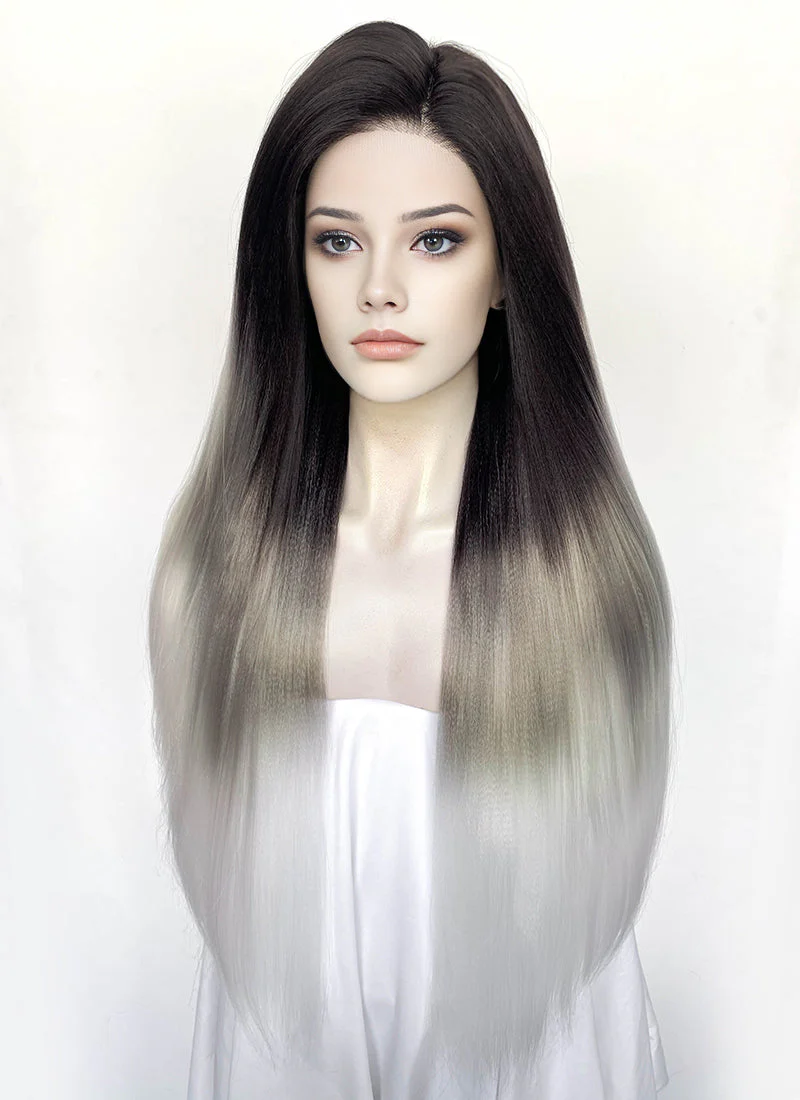 Black Grey White Ombre Straight Yaki Lace Front Synthetic Hair Wig LN6050 - Image 4