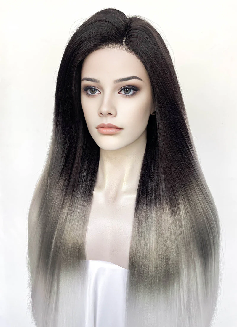Black Grey White Ombre Straight Yaki Lace Front Synthetic Hair Wig LN6050 - Image 5