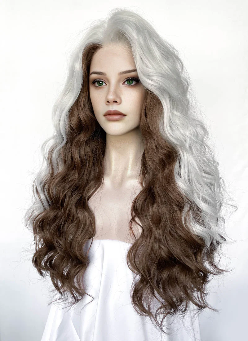 X-Men Rogue Silver White Mixed Brown Wavy Lace Front Synthetic Wig LW4109 - Image 3