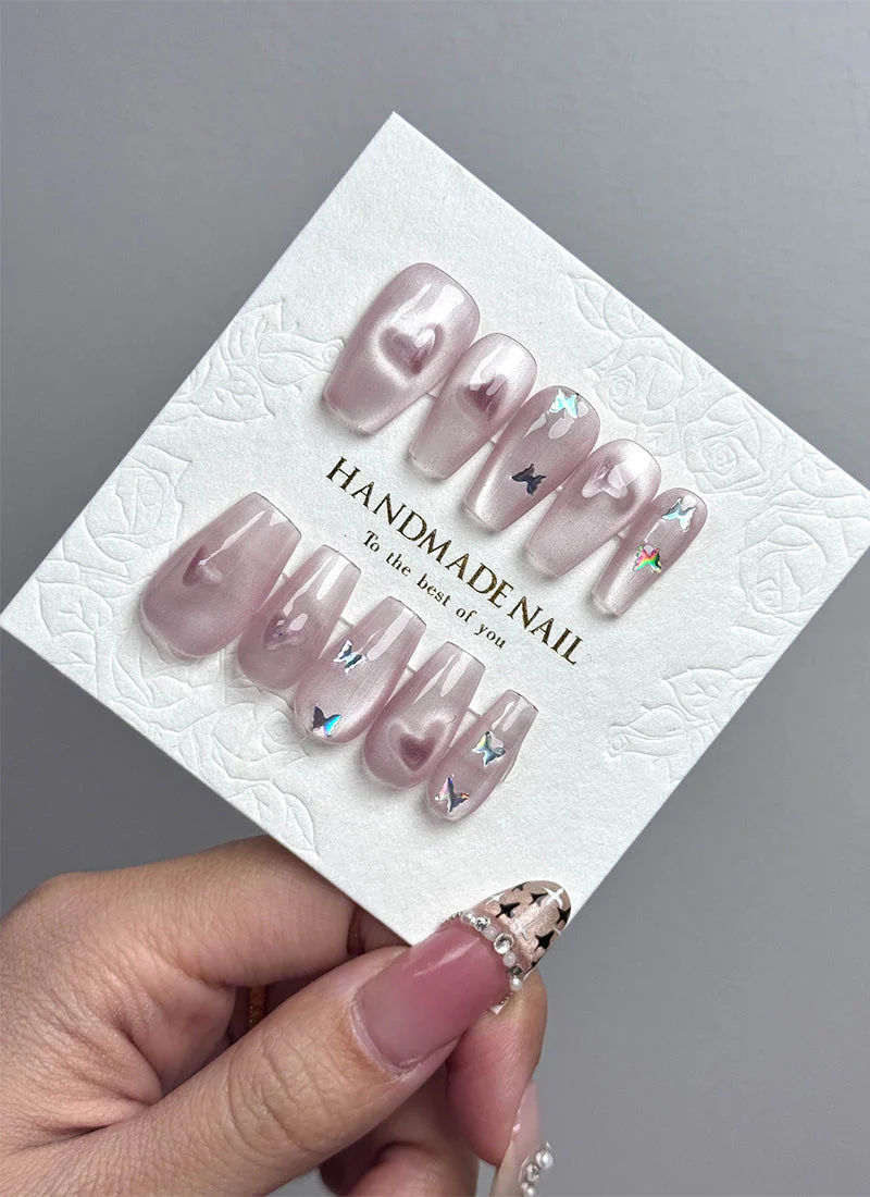 Heart Butterfly Cat-Eye Coffin Handmade Press-On Nails NF025 - Image 2