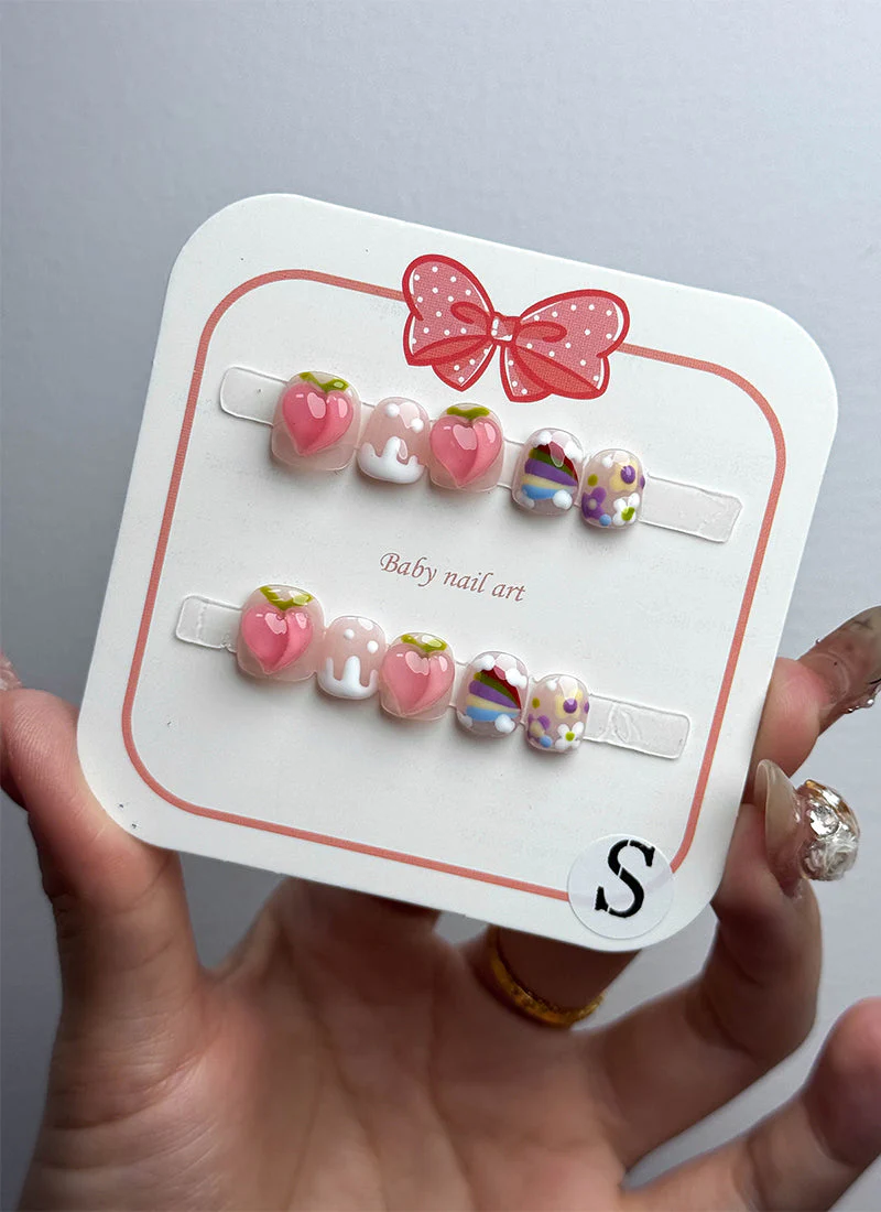 Pink Peach Sweet Blossom Coffin Handmade Children's Press-On Nails Kid NF036C