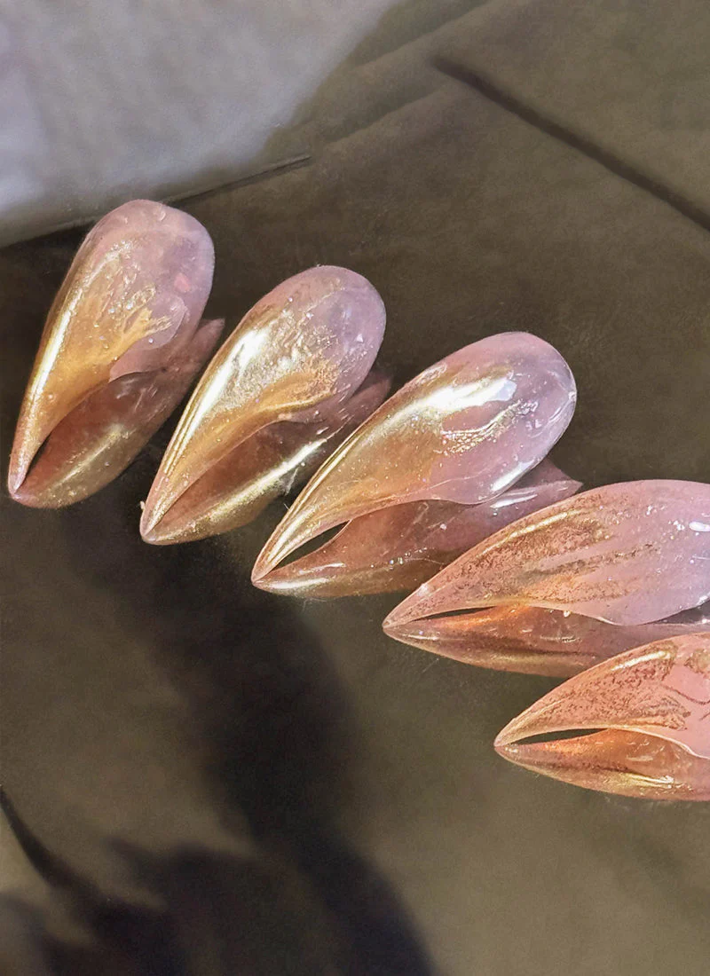 3D Champagne Gold & Nude Pink Edgy Unique & Luxe Claw Handmade Press-On Nails NF061 - Image 4