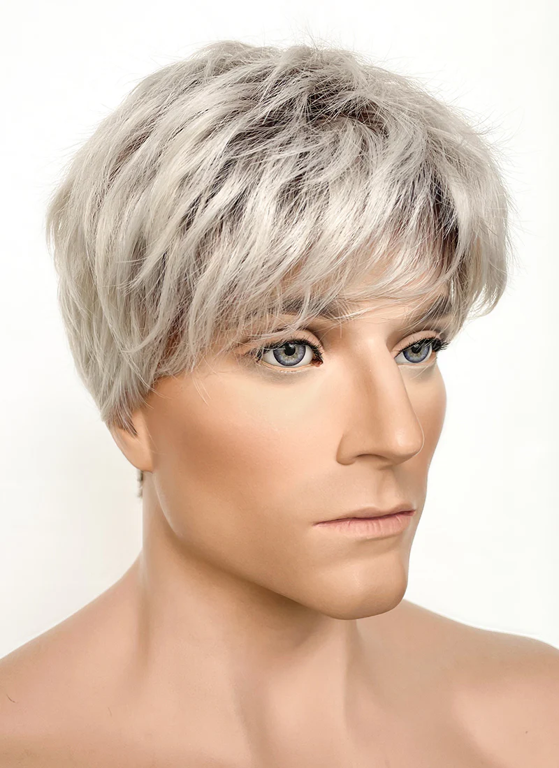 Ash Blonde With Dark Roots Straight Pixie Synthetic Hair Men's Wig NS424 - Image 2